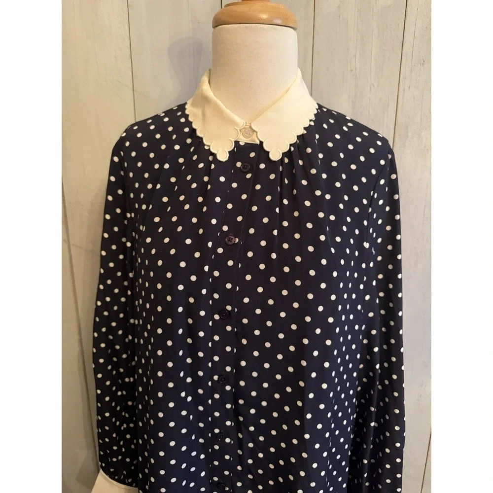 Tory Burch Cora Silk Dress 6 Button Up Preppy Classic Navy Polka Dot‎ New $498